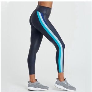 Spanx Faux Leather 7/8 Track Stripe - Size Medium - Navy/ Cool Blue - NWT